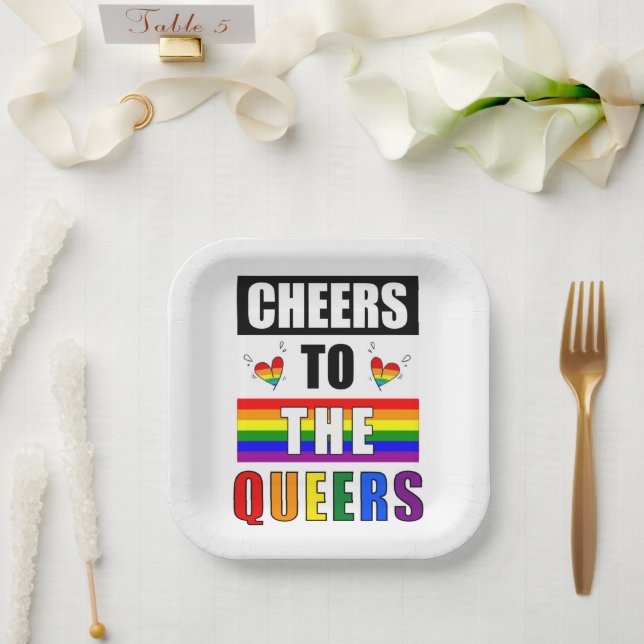 Cheers to the Queers Rainbow Gay Celebration Paper Plate (Wedding)