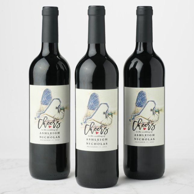 Cheers To The Wedding Dragonfly Mating Love Heart Wine Label (Bottles)