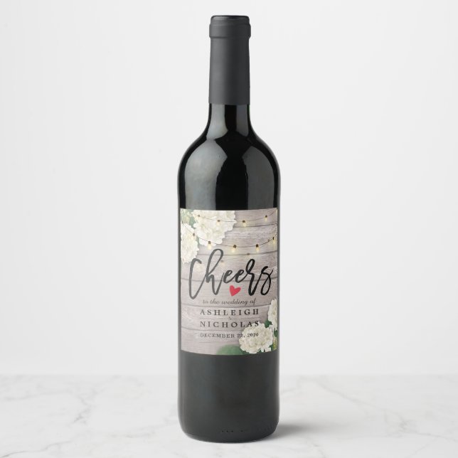 Cheers To The Wedding Flowers String Lights wood Wine Label (Front)