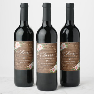 Cheers To The Wedding Rustic Wood Blush Floral Wine Label