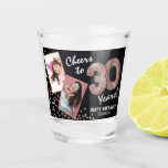 Cheers to the Years 30th Birthday 2 Photo Shot Glass<br><div class="desc">Celebrating the fabulous thirty! These shot glasses allow you to upload a before and after photograph of the birthday man or woman in a faux rose gold frame, with the title 'Cheers to 30 Years!'. Featuring a rustic chalkboard background, faux rose gold number 30 helium balloons, faux rose gold glitter...</div>