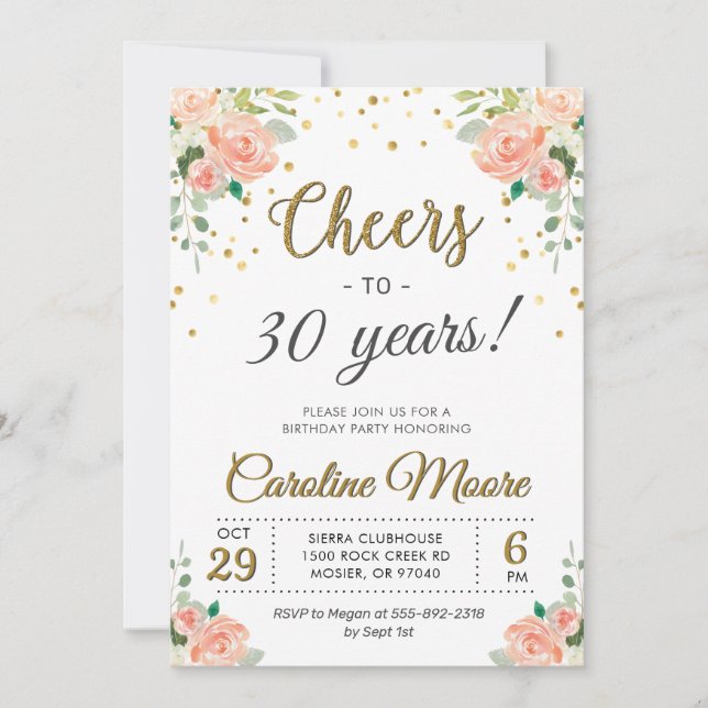 Cheers to Thirty Years Ladies 30th Birthday Party Invitation (Front)