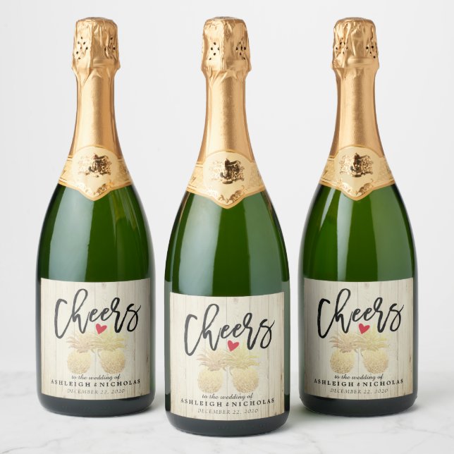 Cheers To Wedding Chic Gold Pineapples Rustic Wood Sparkling Wine Label (Bottles)