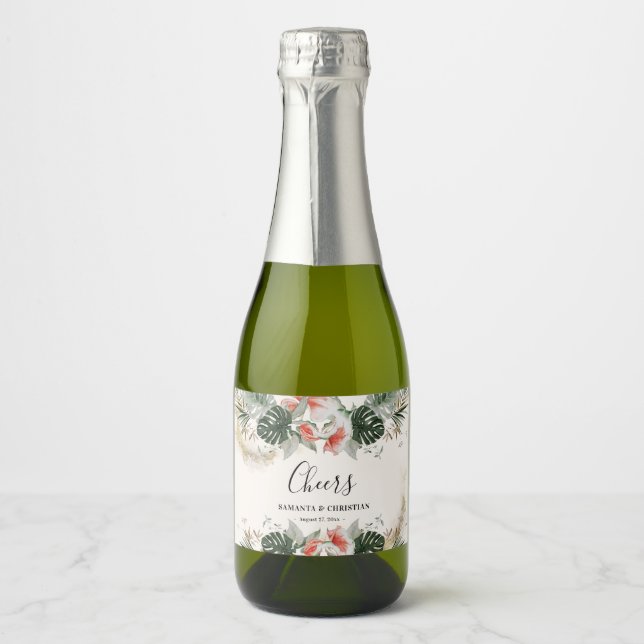 Cheers Tropical Palm Wedding Mini Sparkling Wine L Sparkling Wine Label (Front)