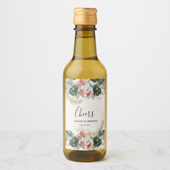 Cheers Tropical Palm Wedding Mini Wine Label (Front)