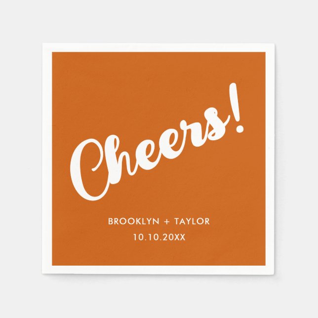 Cheers Unique Celebration Simple Text Orange White Napkin (Front)