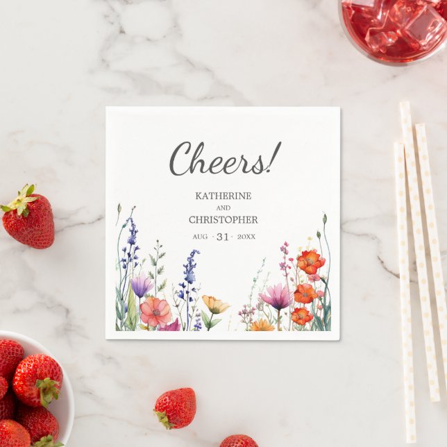Cheers Vibrant Wildflowers Elegant Wedding Napkin (Insitu)