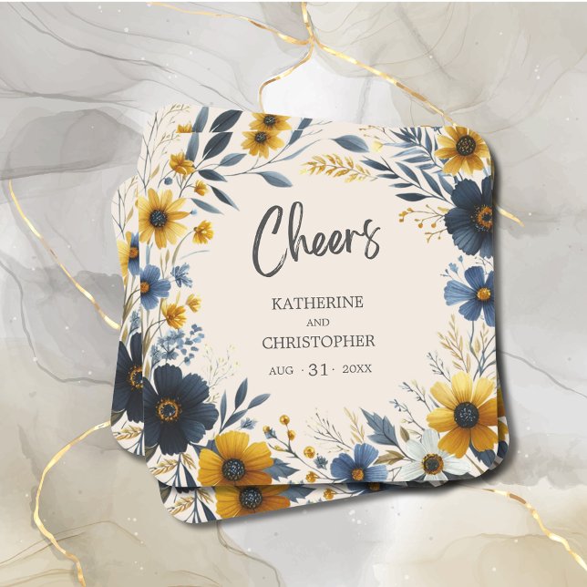 Cheers Watercolor Wildflower Elegant Beige Wedding Square Paper Coaster (Cheers Wildflowers Wedding Coaster with Blue and Yellow Wildflowers, wedding info.)