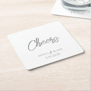CHEERS Wedding DATE Couple NAMES Modern Minimalist Square Paper Coaster