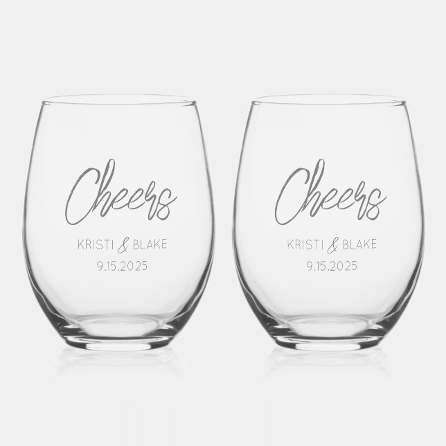 CHEERS Wedding DATE Couple NAMES Modern Minimalist Stemless Wine Glass (Front)