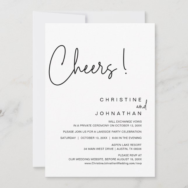 Cheers, Wedding Elopement Party, Dinner, Dancing Invitation (Front)