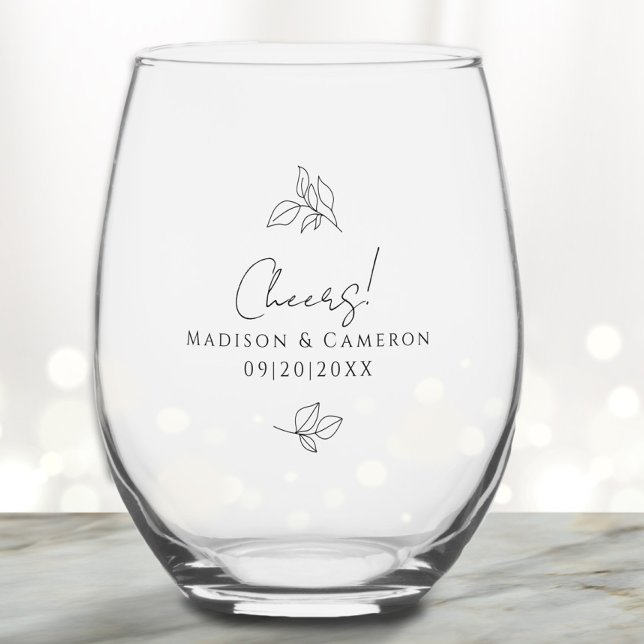 Cheers Wedding Engagement Botanical Leaves Black Stemless Wine Glass (Cheers Wedding Engagement Botanical Leaves Black Stemless Wine Glass)