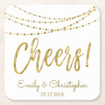 Cheers White and Gold Foil String Lights Square Paper Coaster<br><div class="desc">Cheers White and Faux Gold Foil String Lights Wedding Coasters for a Elegant Wedding Reception or Rehearsal Dinner. The name and date can be updated on this coaster.</div>