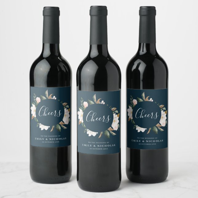 CHEERS | white magnolia floral navy blue Wine Label (Bottles)