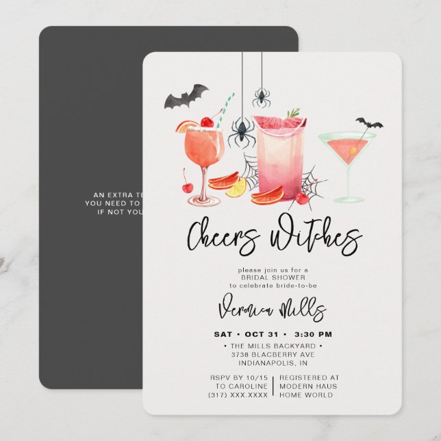 Cheers Witches Grey Halloween Bridal Shower Invitation (Front/Back)