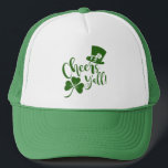 Cheers Yall St Patrick's Day Irish Parade or Party Trucker Hat<br><div class="desc">Celebrate Saint Patrick's Day with funny green and white trucker's hats. "Cheers Y'all!" logo on front. The logo is in a coordinating dark green hue in a fancy script text with a leprechaun hat and a lucky shamrock. Perfect for any St. Paddy's Day parties, parades and celebrations this March 17th!...</div>