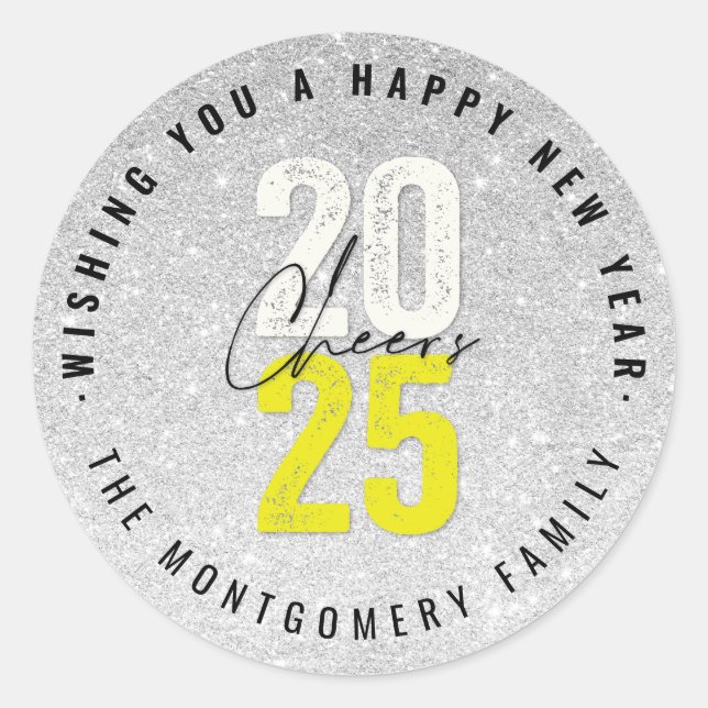 Cheers Yellow 2025 Silver Glitter New Year Holiday Classic Round Sticker (Front)