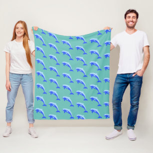 Cheery Blue Jumping Dolphin Ocean Cartoon Fleece Blanket