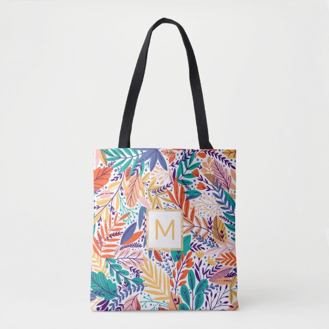 Cheery Colourful Modern Leaves Monogram Tote 🌿✨ Bag (Front)