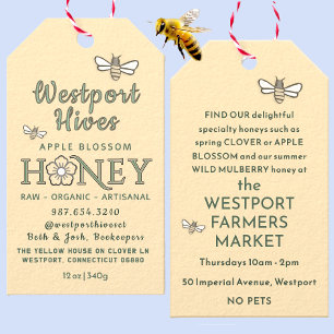 Cheery Honey tag with stylized flower & cute bees 