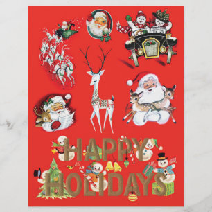 Cheery Mid-Century Christmas Art on Red Background