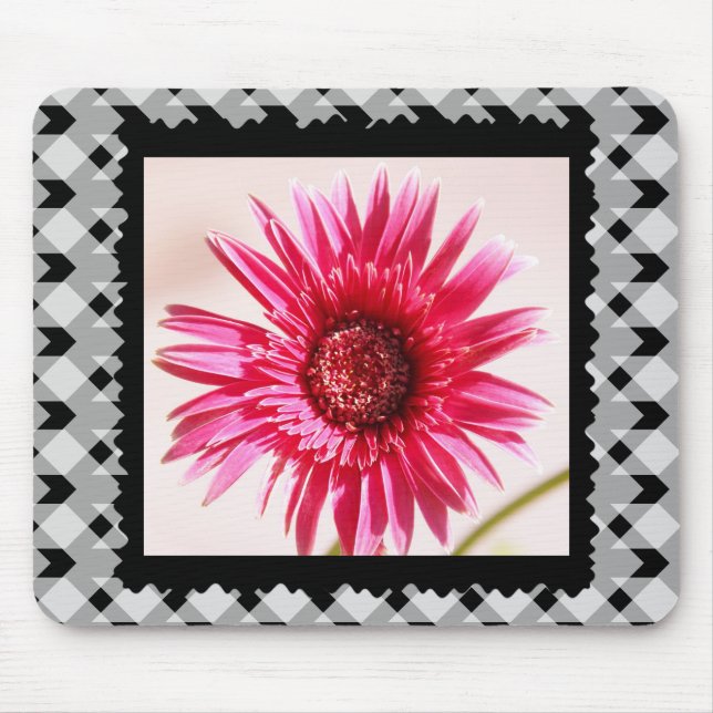 Cheery Pink Gerbera Daisy on Black/White Gingham Mouse Pad (Front)