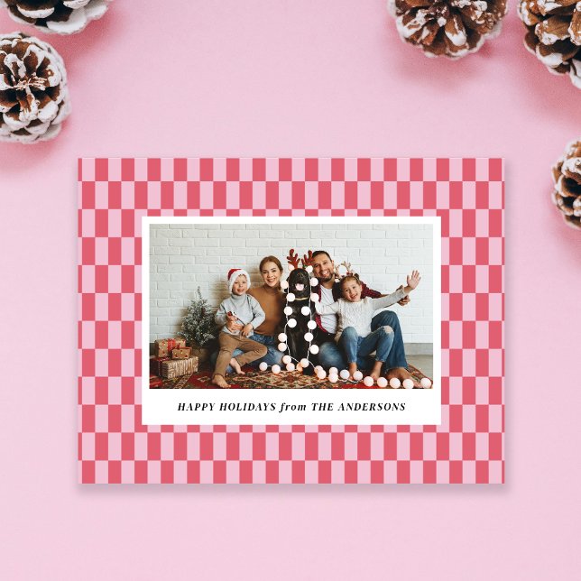 Cheery Pink Red Checkers Holiday Christmas Card (Creator Uploaded)
