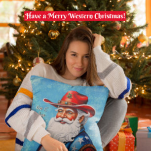 Cheery Santa Claus in a Western Hat Christmas Throw Pillow