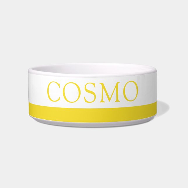 Cheery Yellow Stripe Custom Pet Name Cat Dog Food Bowl (Front)