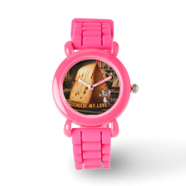 Cheese my Love says a Cartoon Mouse on a Pink Watch (Front)