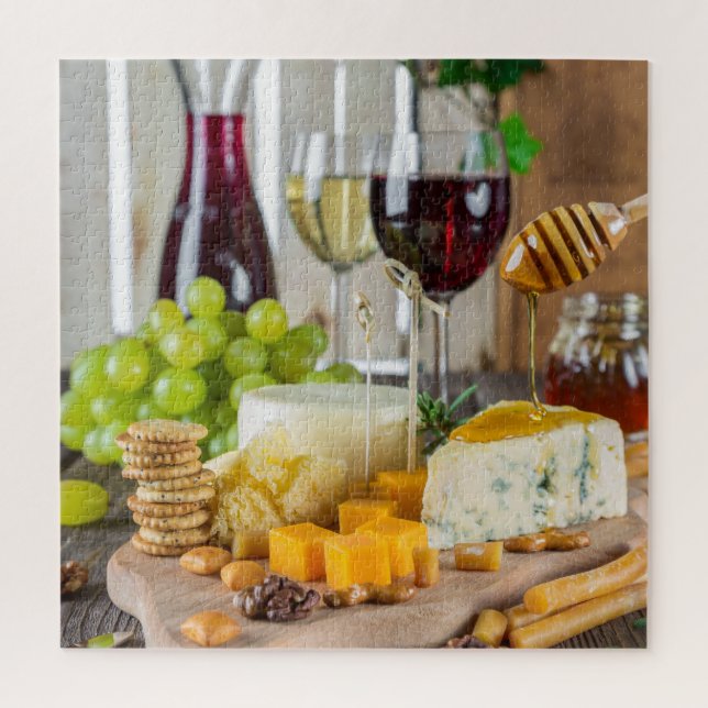 Cheese Wine Honey Walnuts Grapes Crackers Food Jigsaw Puzzle (Vertical)