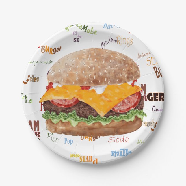 Cheeseburger BBQ Grill Fast Food Paper Plate (Front)