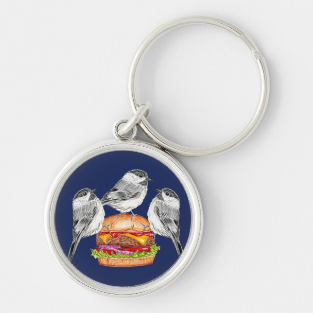 Cheeseburger Bird Trio Tahoe Mountain Chickadees Keychain (Front)