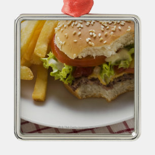 Cheeseburger, bites taken, with chips metal ornament