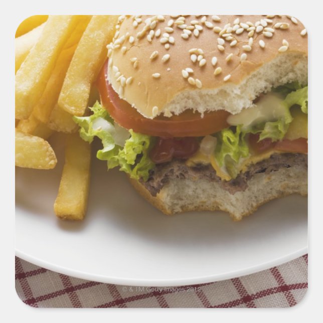 Cheeseburger, bites taken, with chips square sticker (Front)