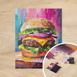 Cheeseburger Colourful Modern Abstract Art Jigsaw Puzzle<br><div class="desc">A fun and playful modern art painting of a giant loaded cheeseburger. The artwork is brought to life with textured, abstract brushstrokes in vibrant colours like pink, blue, and yellow. The bold use of colour and exaggerated scale give the cheeseburger an energetic, whimsical feel. This lively, imaginative piece blends pop...</div>