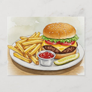 Cheeseburger French Fries Pickles Postcard