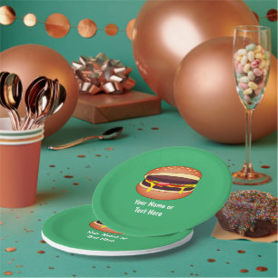 Cheeseburger Graphic on Green - Add Own Words Paper Plate
