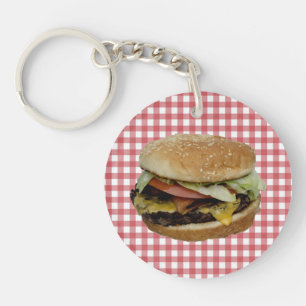 Cheeseburger, Red and White Chequered Background K Keychain