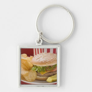 Cheeseburger with potato crisps and gherkin keychain