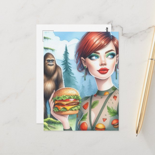 Cheeseburger With Sasquatch in the Forest  Postcard (Front/Back In Situ)