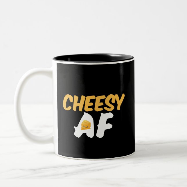 Cheesy AF Funny and Cute Cheese Lover Two-Tone Coffee Mug (Left)