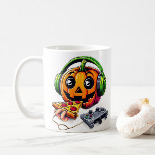 Cheesy Halloween Vibes: Pumpkin Enjoys Pizza Gamin Coffee Mug