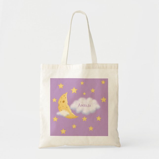 Cheesy Moon & Stars Fluffy Cloud custom name lilac Tote Bag (Front)