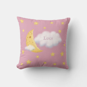 Cheesy Moon & Stars Personalized Fluffy Cloud Pink Throw Pillow