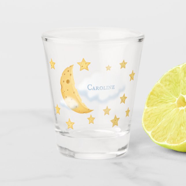 Cheesy Moon & Stars Personalized Fluffy Cloud Shot Glass (Front)