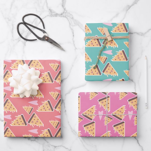 Cheesy Pizza  Pepperoni Meat Slices Melting Hearts Wrapping Paper Sheet (Front)