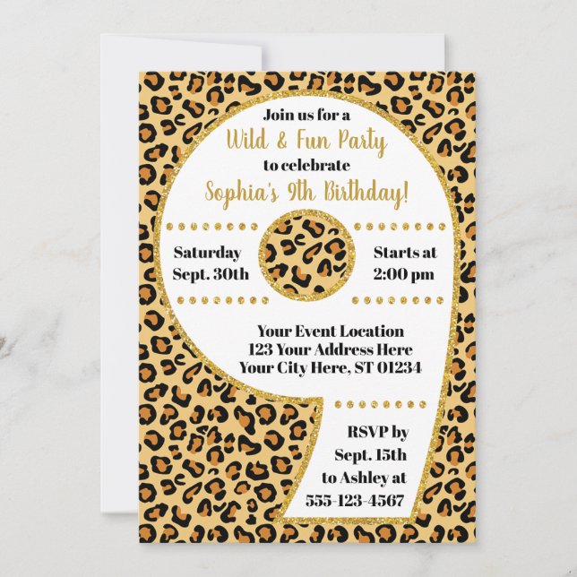 Cheetah 9th Birthday Invitation | Safari Party (Front)