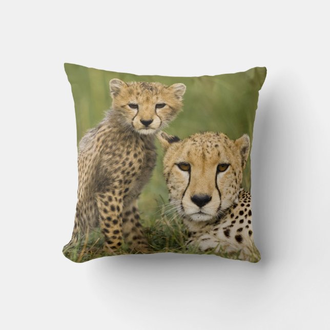 Cheetah, Acinonyx jubatus, with Cub Throw Pillow (Front)
