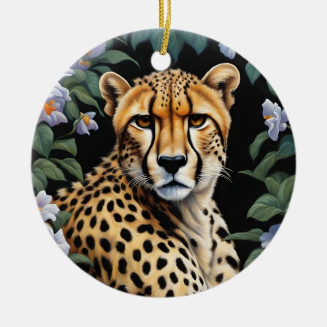 Cheetah and flowers ceramic ornament (Front)